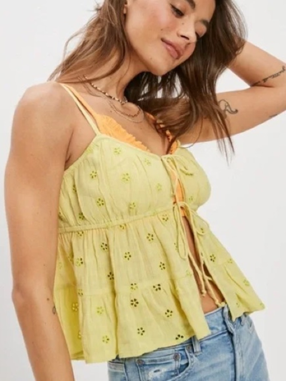 American Eagle Outfitters Yellow Eyelet Lace-Trim Tie-Front Cami